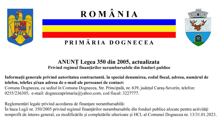 Anunt Primaria Comunei Dognecea, Legea 350